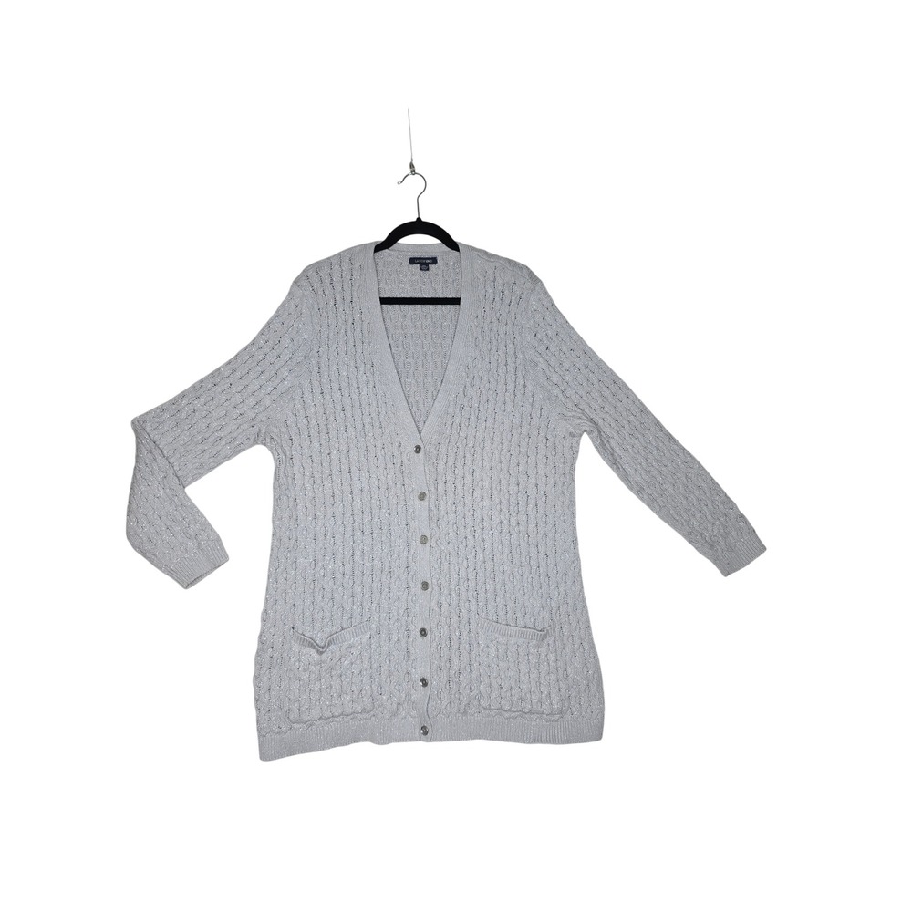 Lands End Gray Metallic CableKnit Button Front Cardigan Sweater Plus 2X 20W-22W
